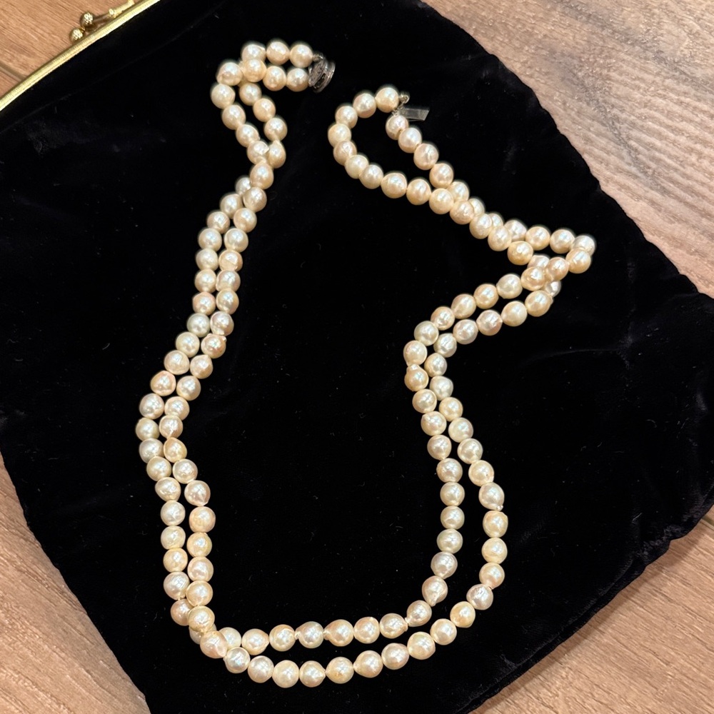 Vintage Double Strand Cultured Pearl Necklace  Sterling Silver 21” 1940s 1950s
